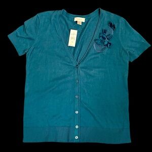 LOFT~Women’s Teal Blue Short Sleeve Cardigan Sweater~Size M~ NWT~FLAWED~SKU201